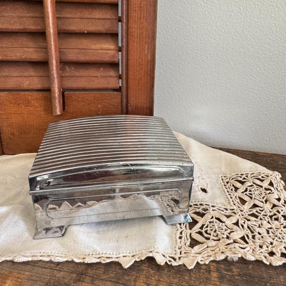 Other - Vintage Silver Ribbed Metal Trinket Box Made in Japan Wood Lined Footed 4x3.5x2